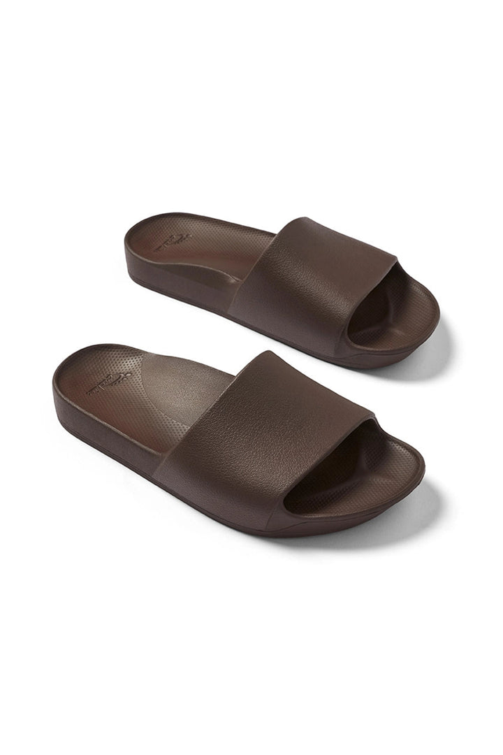 Archies Arch Support Slides Brown, pair at an angle