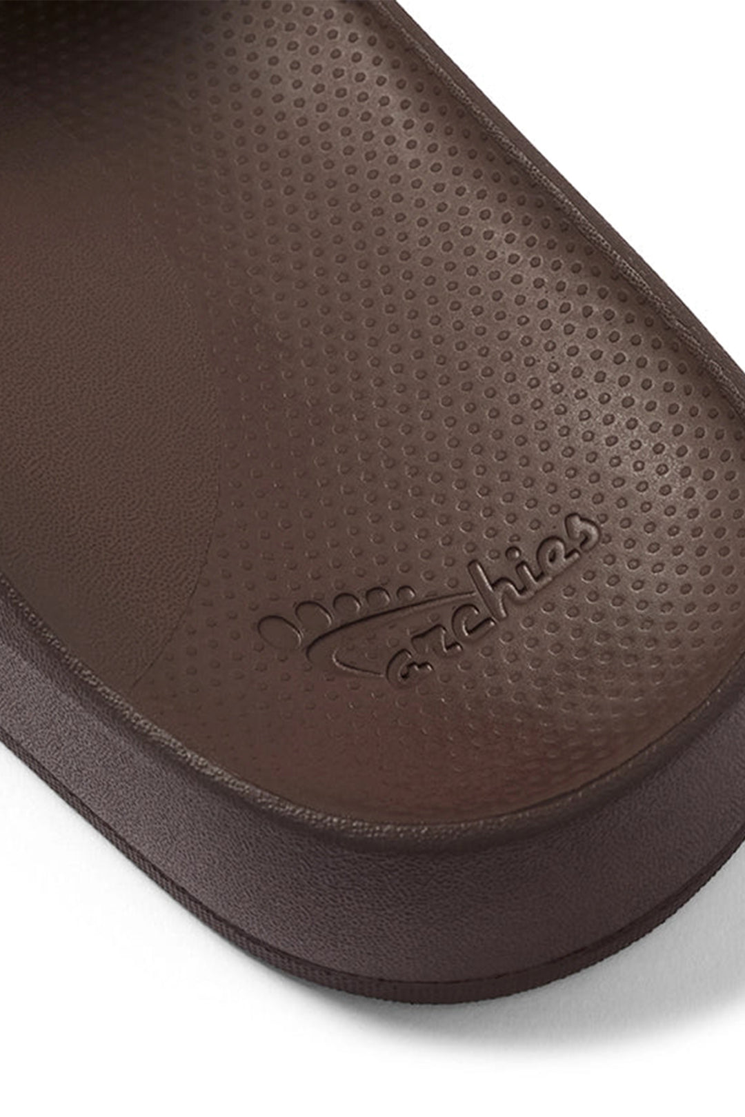 Archies Arch Support Slides Brown, close up of the textured footbed