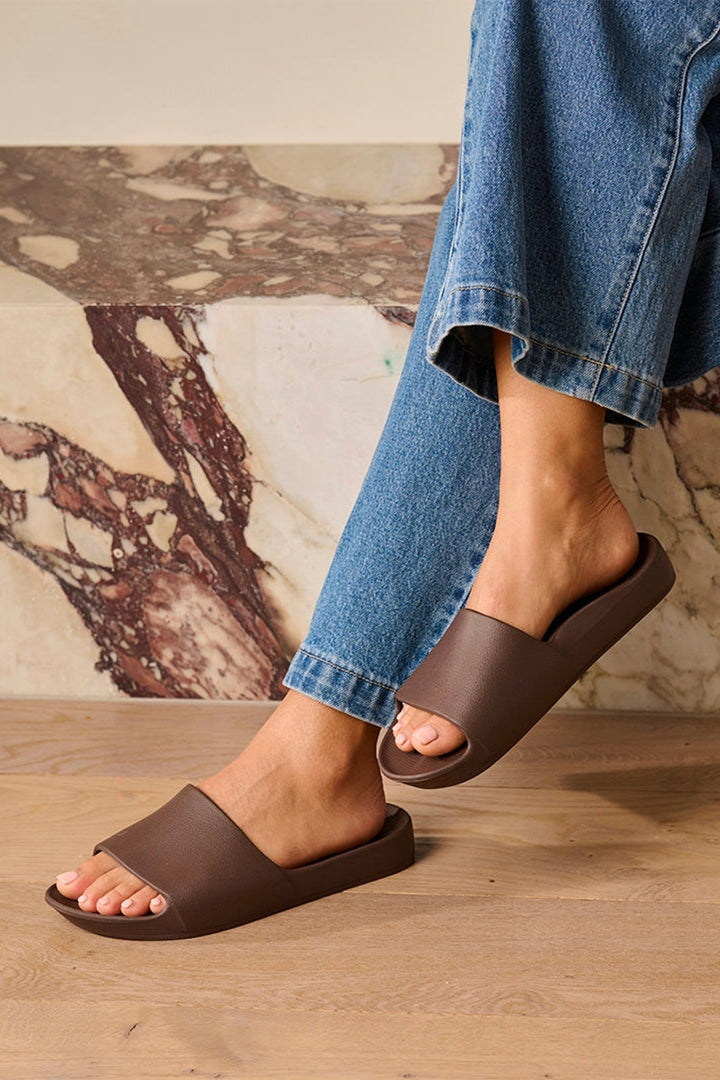 Archies Arch Support Slides Brown, worn with wide-leg jeans