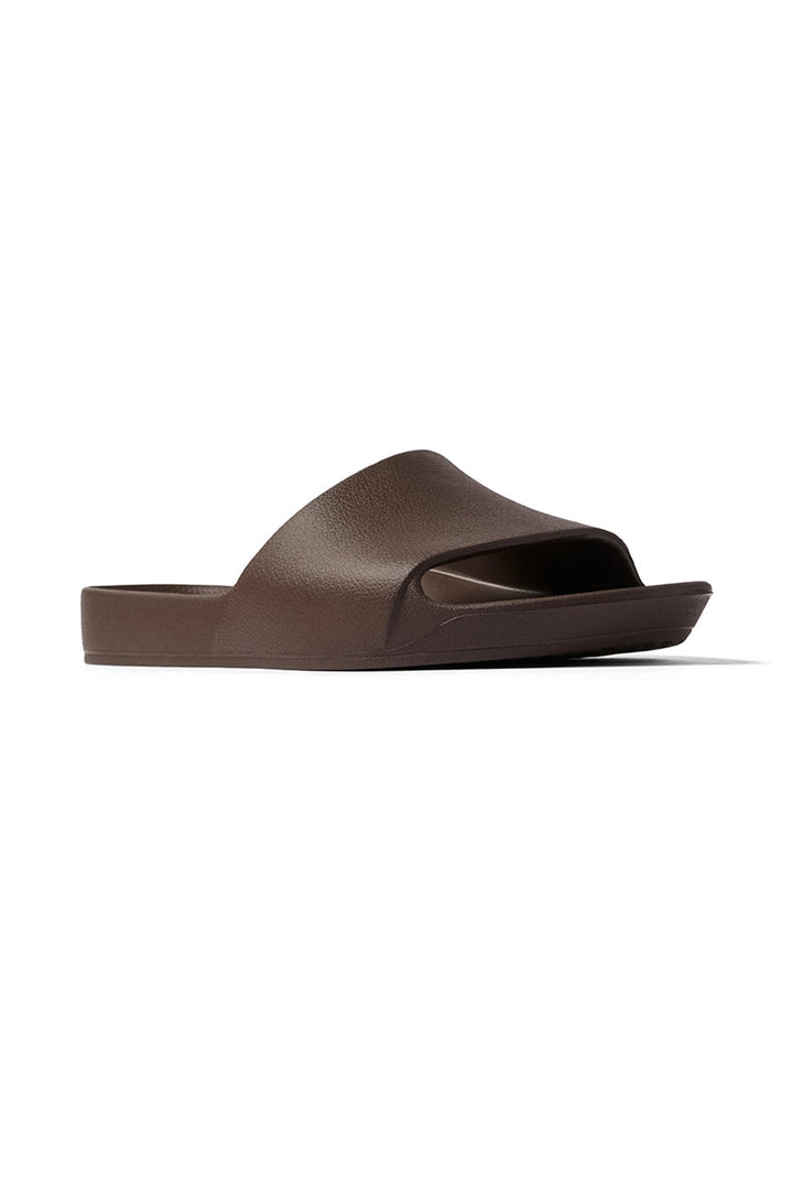 Archies Arch Support Slides Brown, side view from the heel