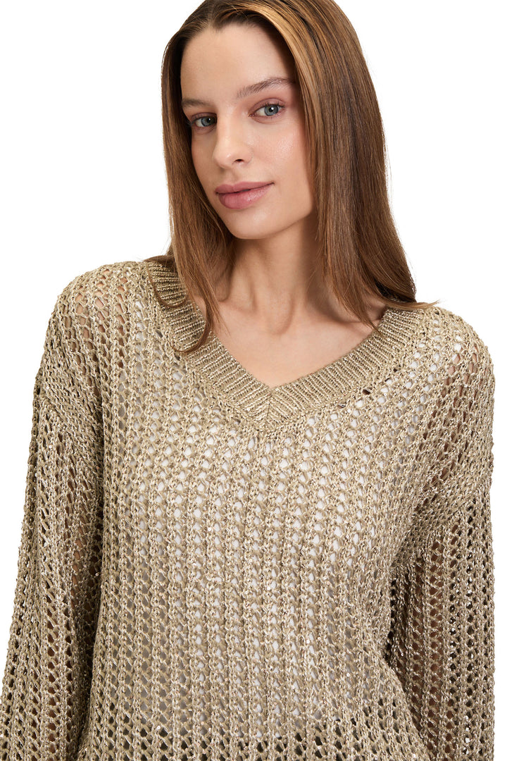 Betty Barclay Jumper Mesh Knit V-Neck Gold 5236 1128 7366 - Shirley Allum Boutique