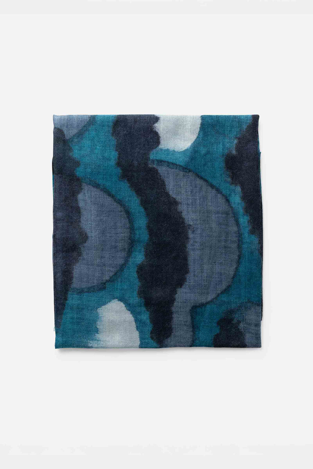 Biba Blue Wool Scarf RI355A, folded flat showing the hand-painted print