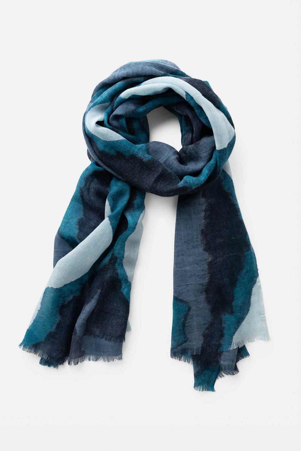 Biba Blue Wool Scarf RI355A, knotted to show the drape and fringed ends