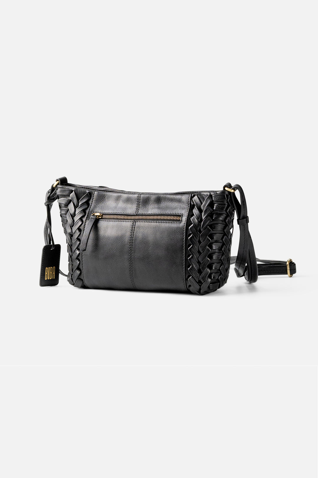 Biba Elk Black Woven Leather Cross Body Bag ELK2L, back view with zip pocket