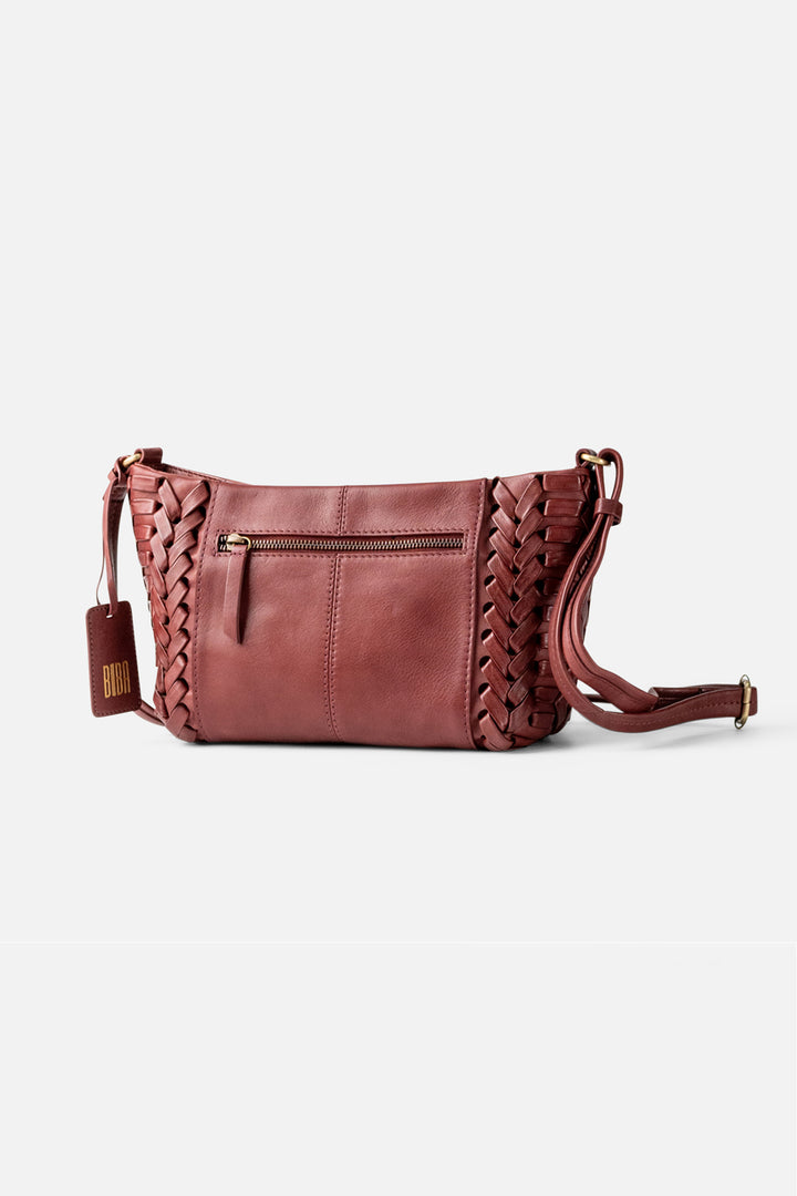 Biba Elk Burgundy Red Woven Leather Cross Body Bag ELK2L, back view with zip pocket