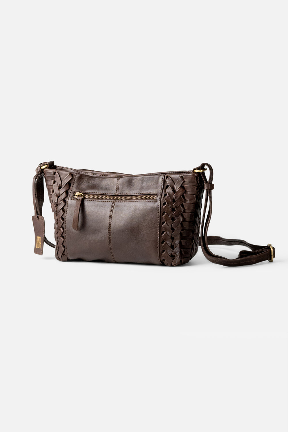 Biba Elk Dark Brown Woven Leather Cross Body Bag ELK2L, back view with zip pocket