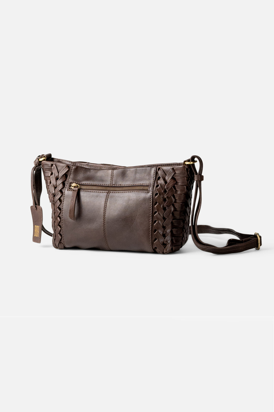 Biba Elk Dark Brown Woven Leather Cross Body Bag ELK2L, back view with zip pocket