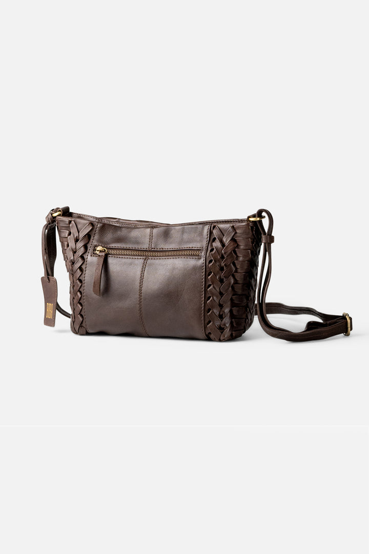 Biba Elk Dark Brown Woven Leather Cross Body Bag ELK2L, back view with zip pocket