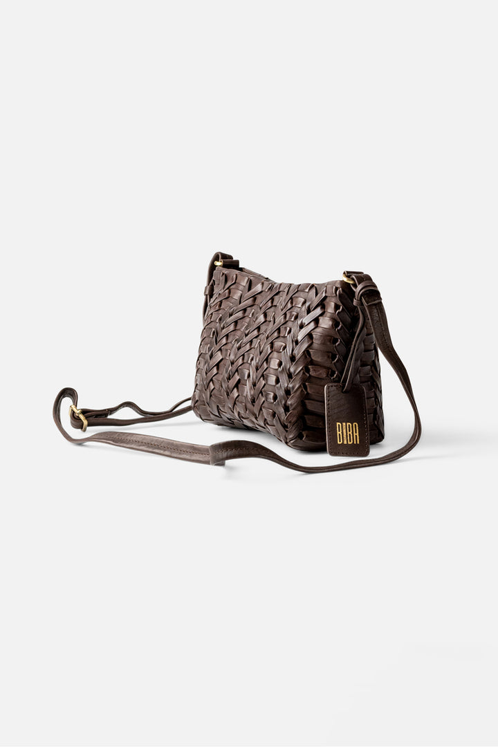 Biba Elk Dark Brown Woven Leather Cross Body Bag ELK2L, side view