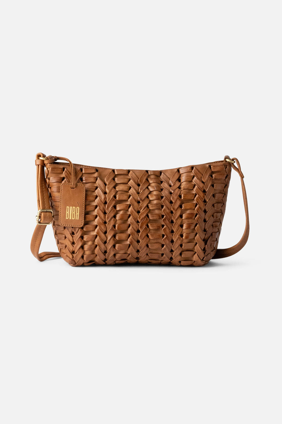 Biba Elk Tan Brown Woven Leather Cross Body Bag ELK2L, front view