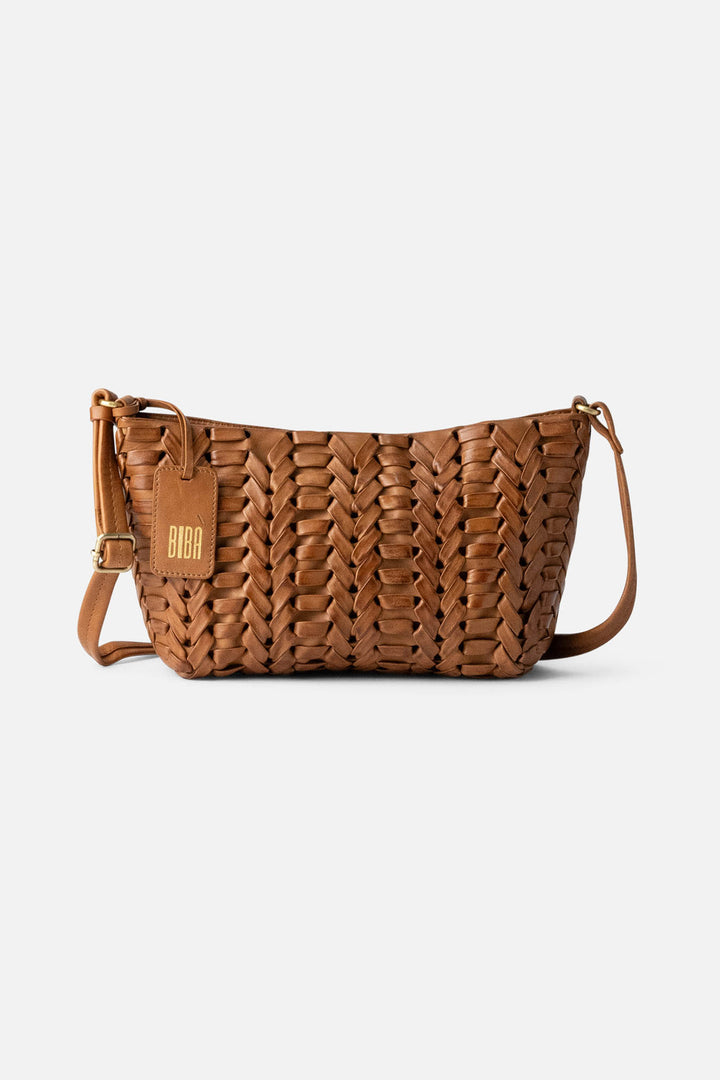 Biba Elk Tan Brown Woven Leather Cross Body Bag ELK2L, front view