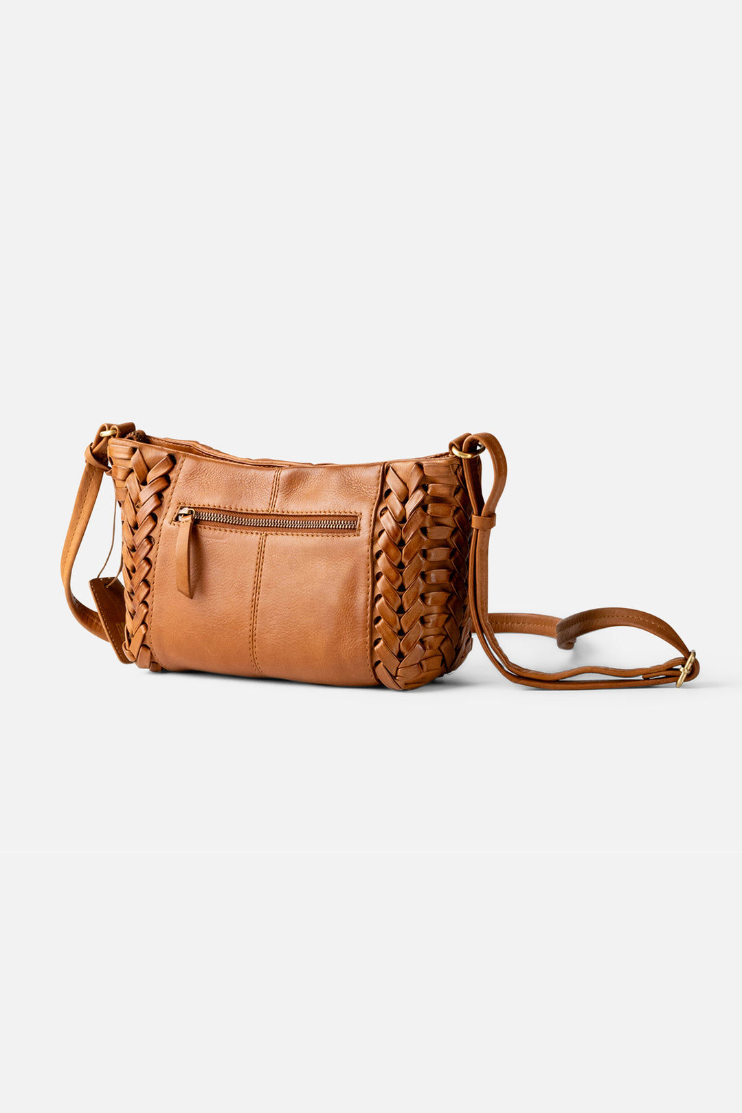 Biba Elk Tan Brown Woven Leather Cross Body Bag ELK2L, back view with zip pocket