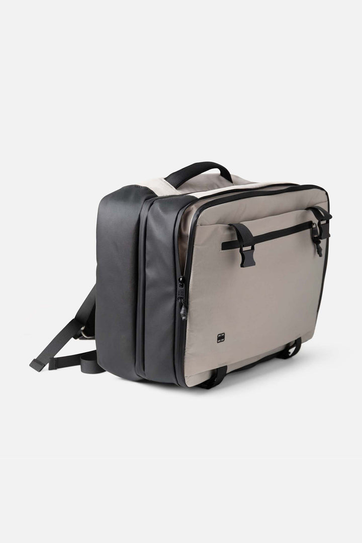 Biba Hanoi Taupe Beige Travel Backpack HAN2T, three-quarter view showing the trolley sleeve