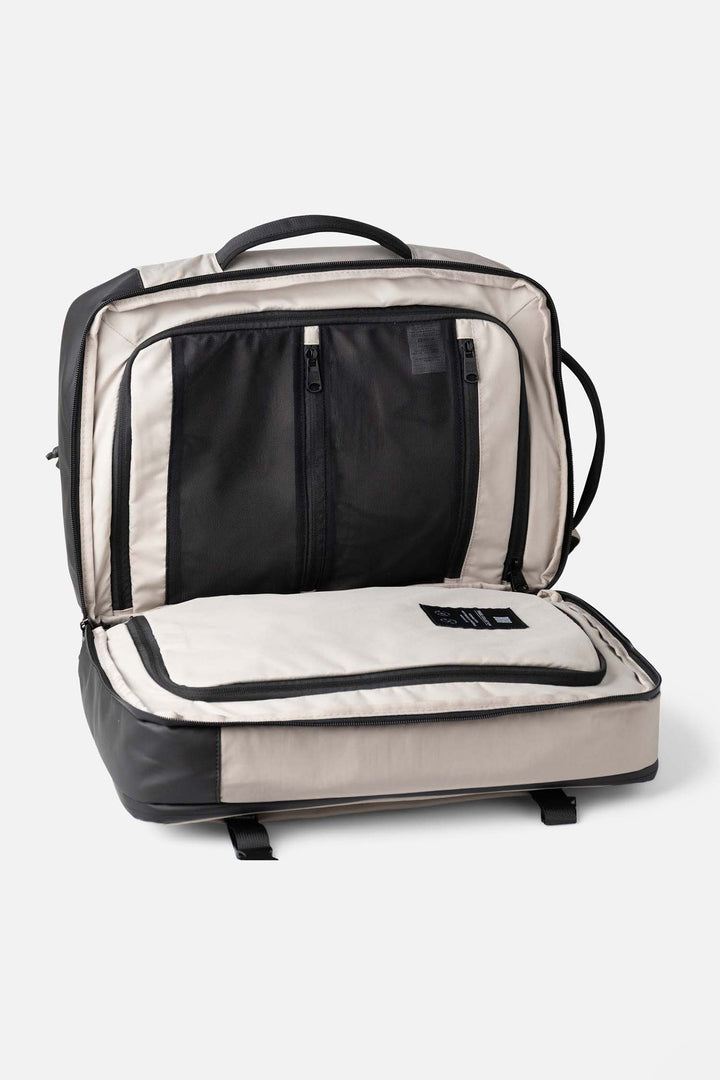 Biba Hanoi Taupe Beige Travel Backpack HAN2T, opened flat showing the two zipped compartments