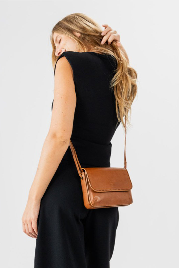 Biba Hatch Tan Brown Leather Cross Body Bag HAH1L, worn cross body, back view