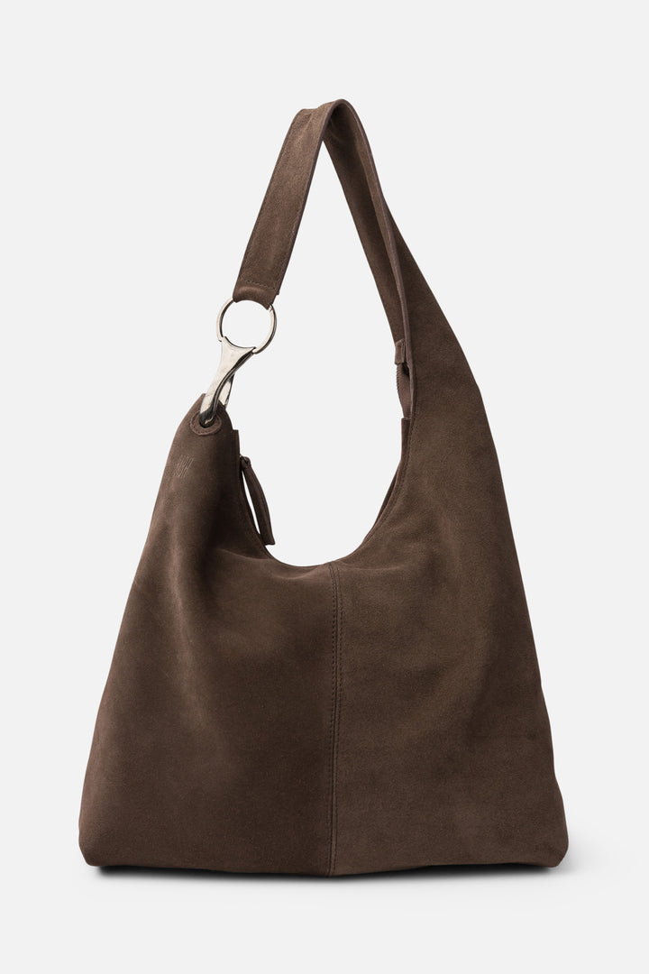 Biba Jackpot Dark Brown Suede Hobo Shoulder Bag JAP2L, front view