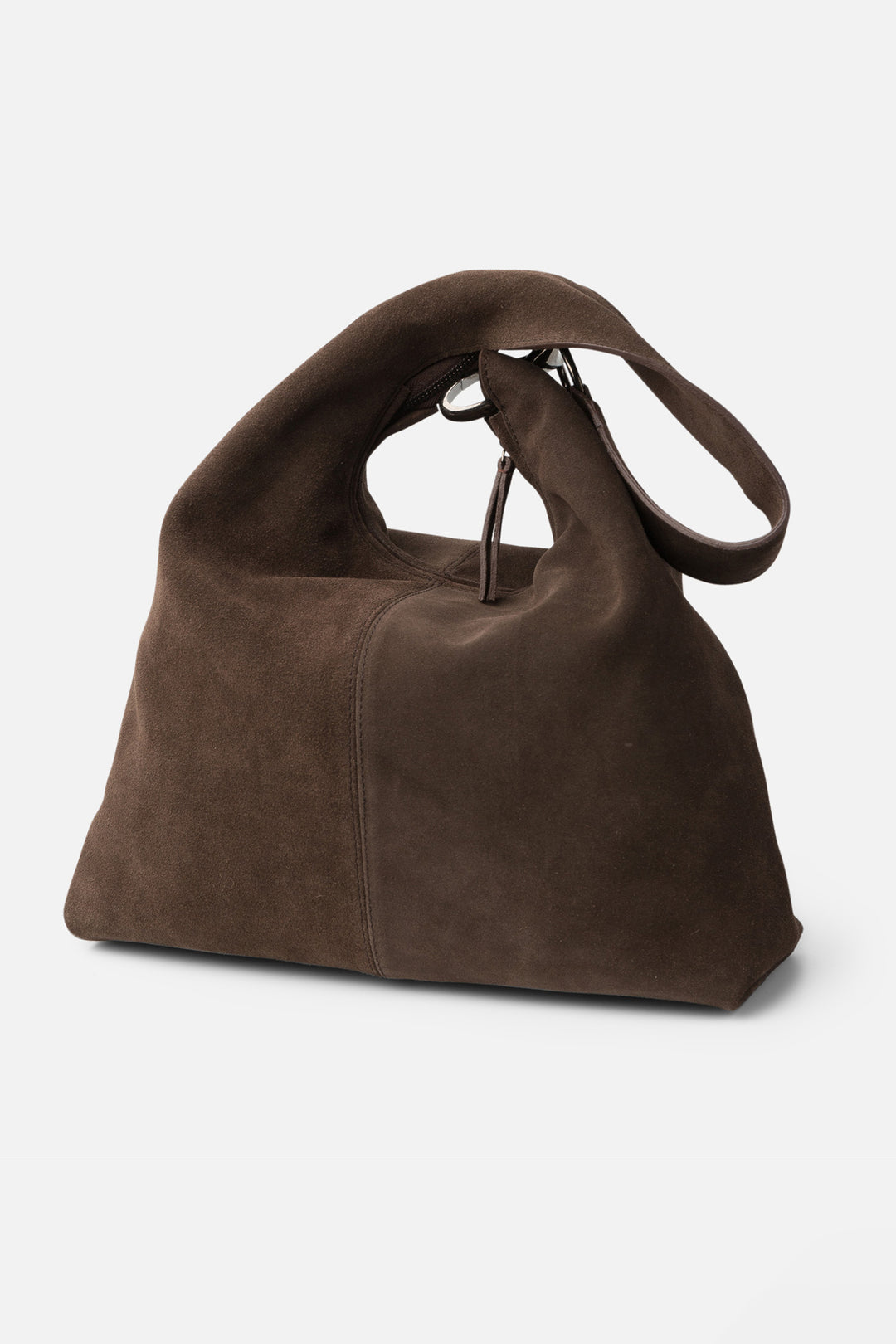 Biba Jackpot Dark Brown Suede Hobo Shoulder Bag JAP2L, front view with strap lowered