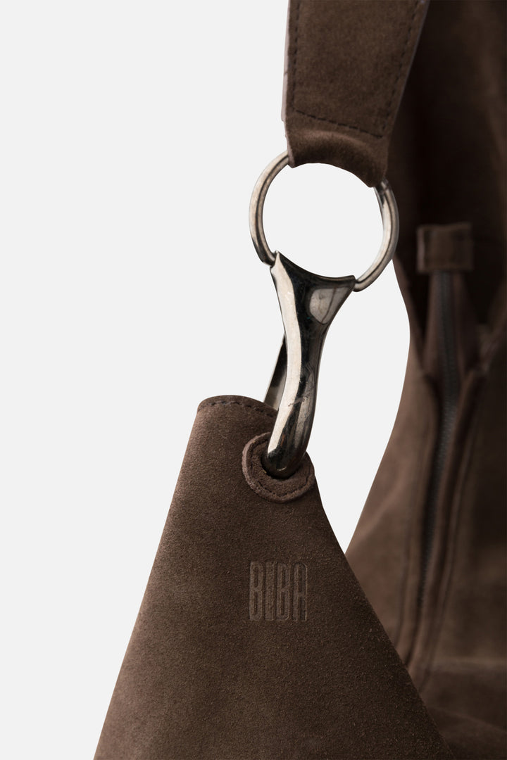 Biba Jackpot Dark Brown Suede Hobo Shoulder Bag JAP2L, detail of the metal ring strap fitting