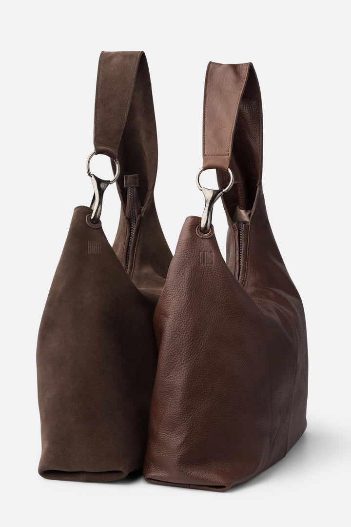 Biba Jackpot Dark Brown Suede Hobo Shoulder Bag JAP2L, shown beside the smooth leather version of the style