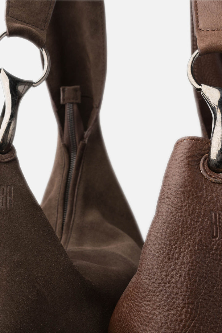 Biba Jackpot Dark Brown Suede Hobo Shoulder Bag JAP2L, close-up of the suede texture and ring fitting