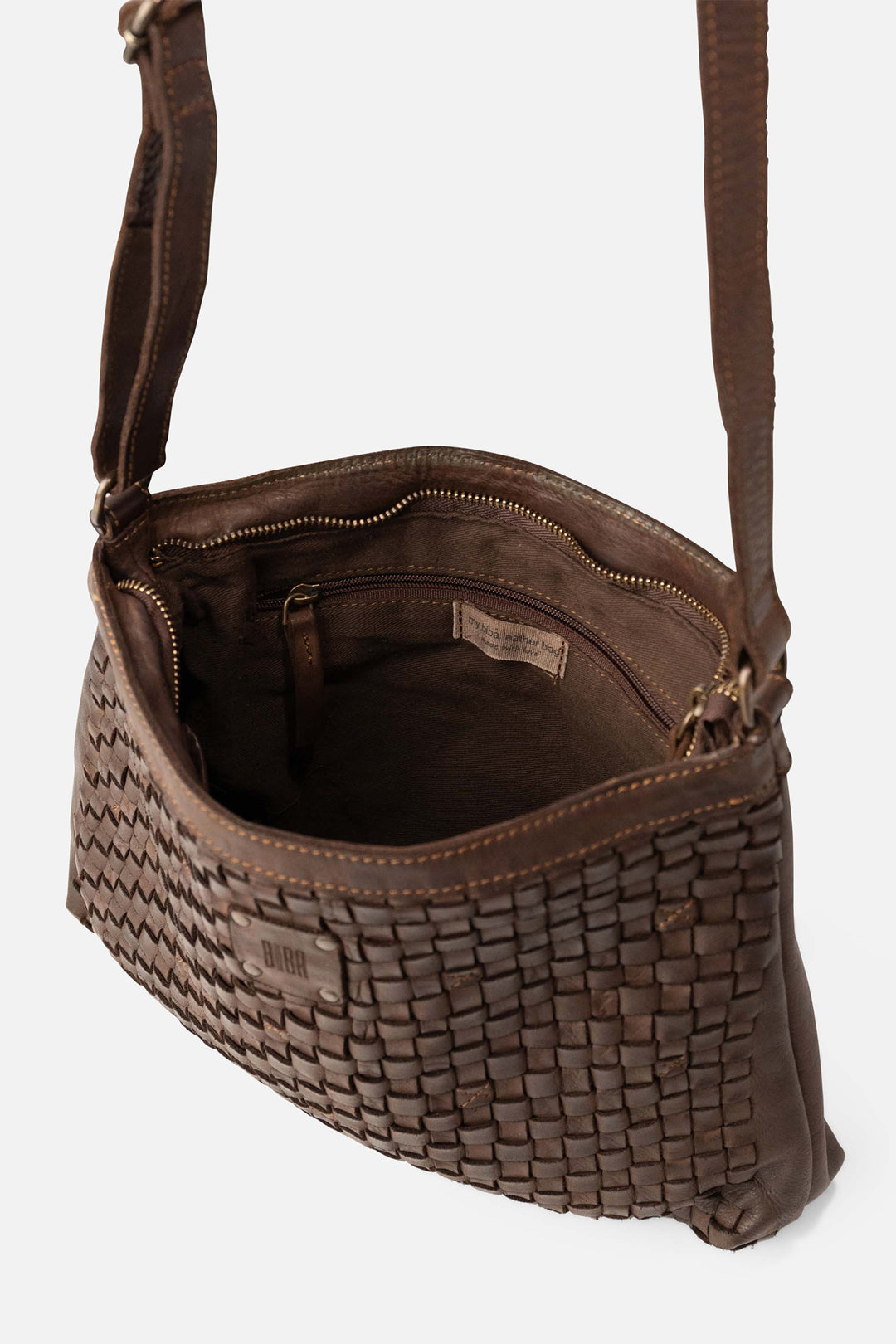 Biba Kansas Dark Brown Woven Leather Cross Body Bag KA2, open showing the cotton lining