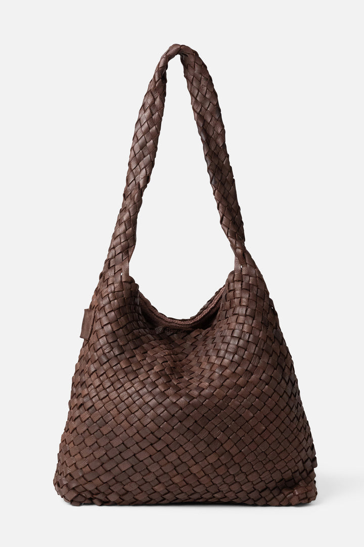 Biba Killen Dark Brown Woven Leather Hobo Shoulder Bag KIL1L, front view