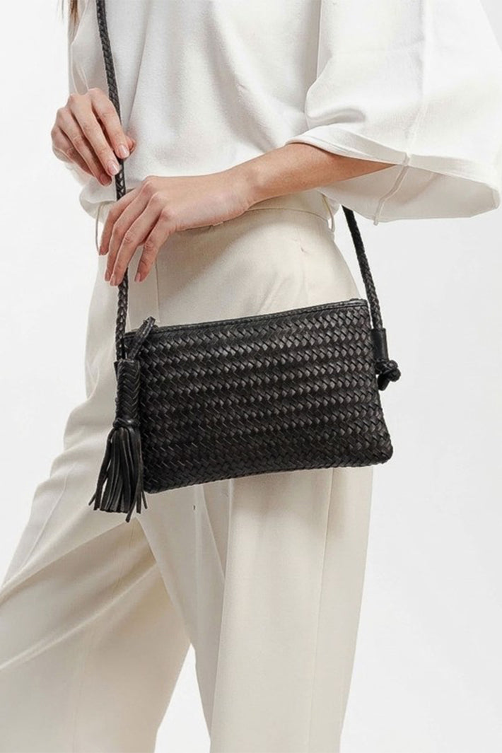 Biba Perkins Black Woven Leather Cross Body Bag PER15L, worn cross body, close up
