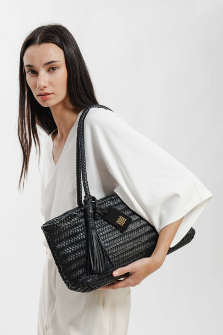 Biba Perkins Black Woven Leather Shoulder Bag PER10L, worn on the shoulder