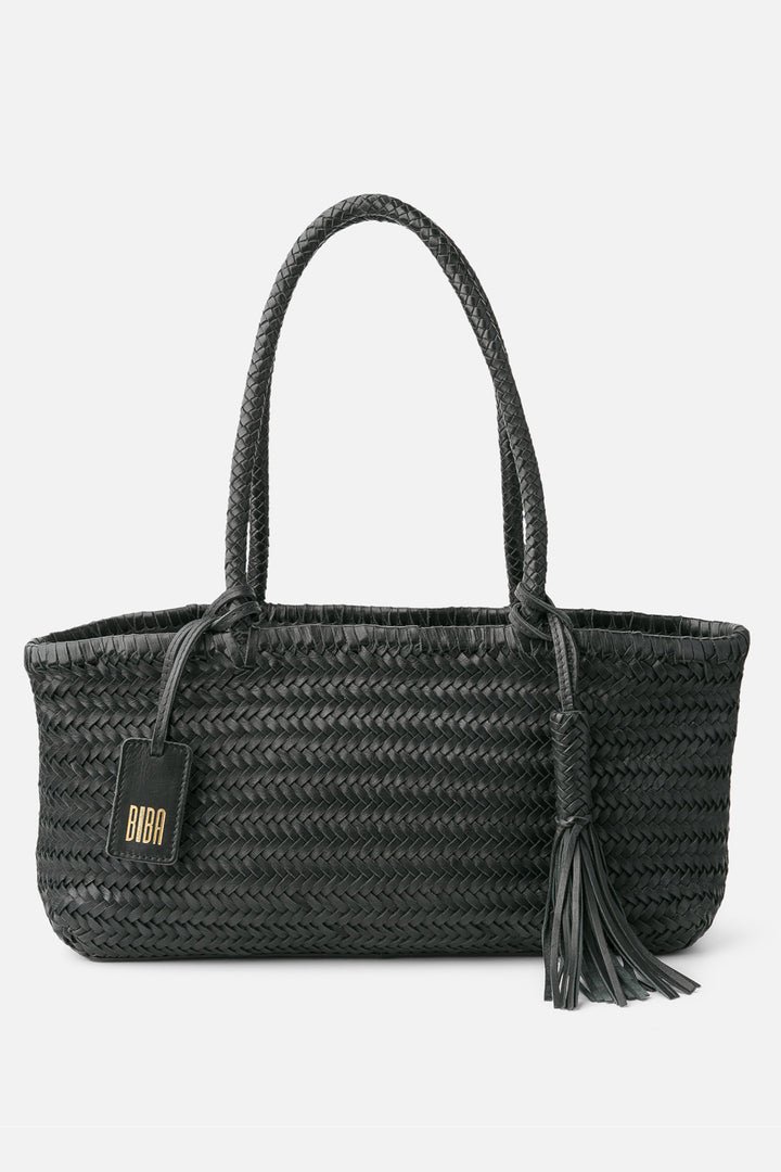 Biba Perkins Black Woven Leather Shoulder Bag PER10L, front view