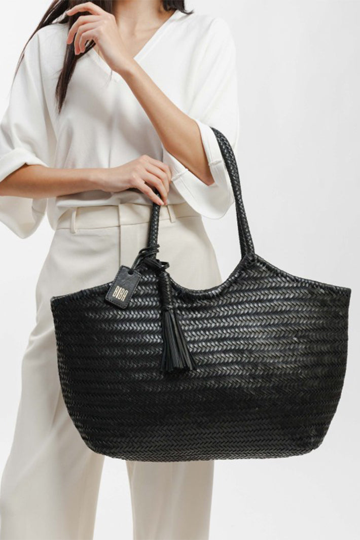Biba Perkins Black Woven Leather Shoulder Bag PER9L, carried in the hand