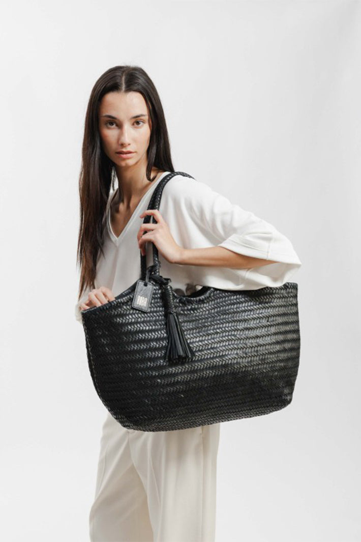 Biba Perkins Black Woven Leather Shoulder Bag PER9L, worn on the shoulder