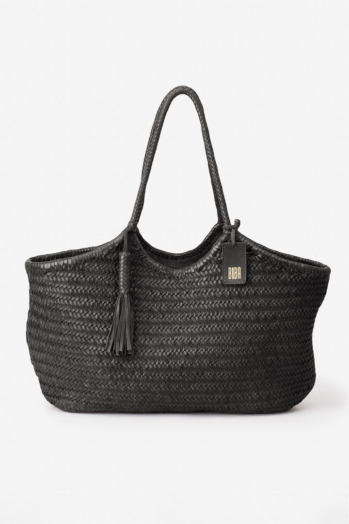 Biba Perkins Black Woven Leather Shoulder Bag PER9L, front view