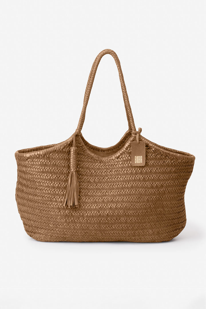 Biba Perkins Camel Brown Woven Leather Shoulder Bag PER9L, front view