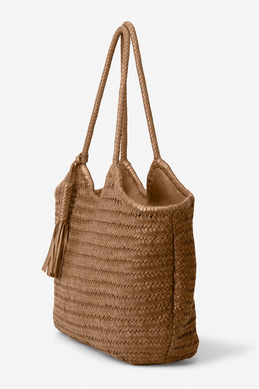 Biba Perkins Camel Brown Woven Leather Shoulder Bag PER9L, side view with tassel
