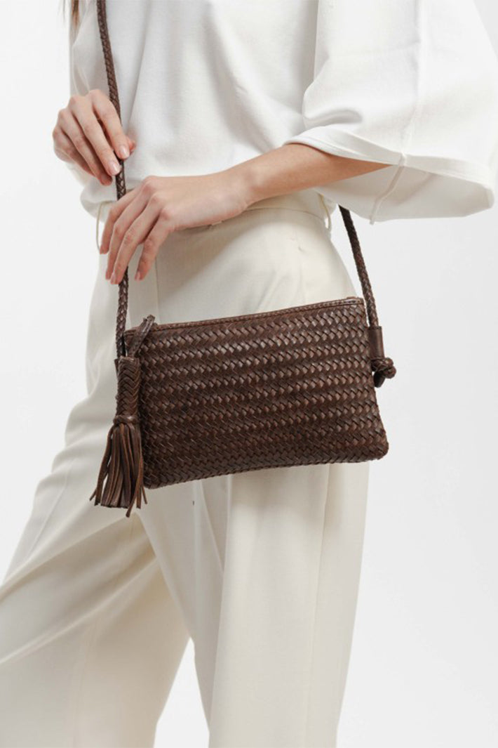 Biba Perkins Dark Brown Woven Leather Cross Body Bag PER15L, worn cross body, close up