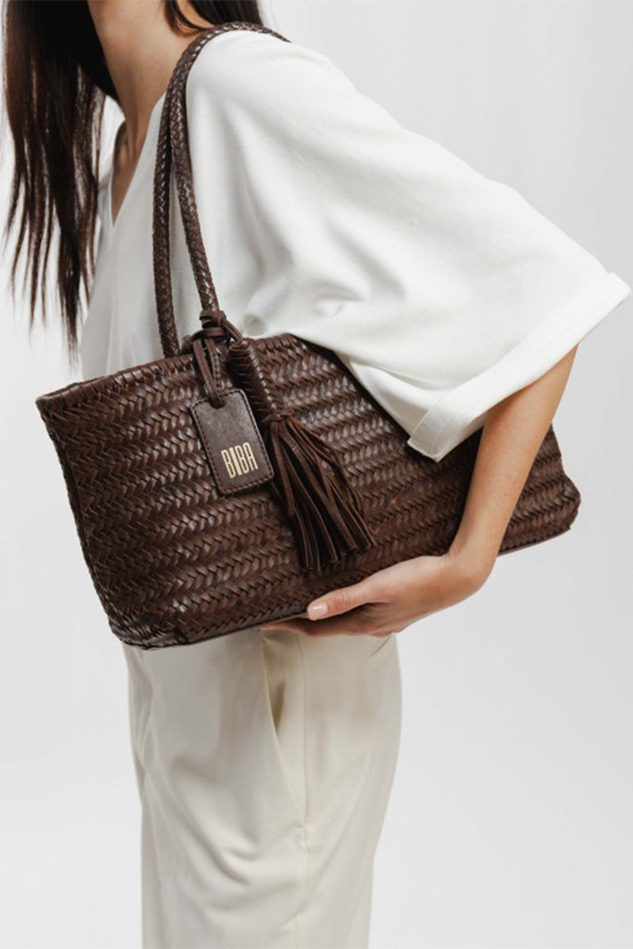 Biba Perkins Dark Brown Woven Leather Shoulder Bag PER10L, worn on the shoulder