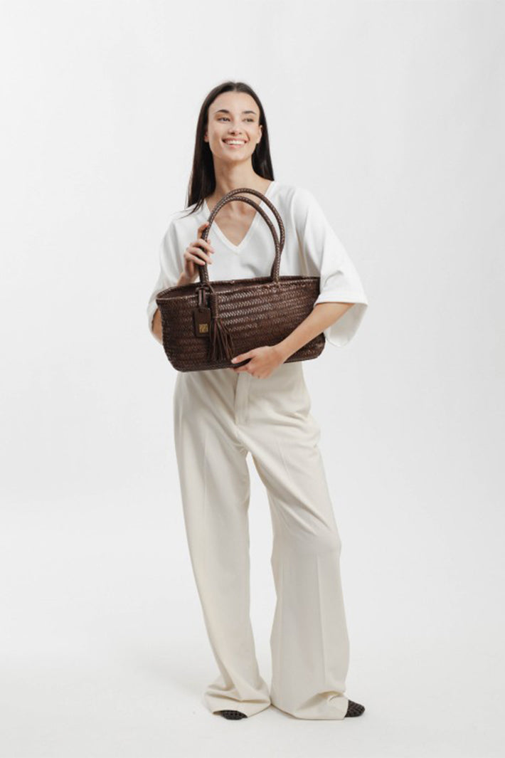 Biba Perkins Dark Brown Woven Leather Shoulder Bag PER10L, full length styled