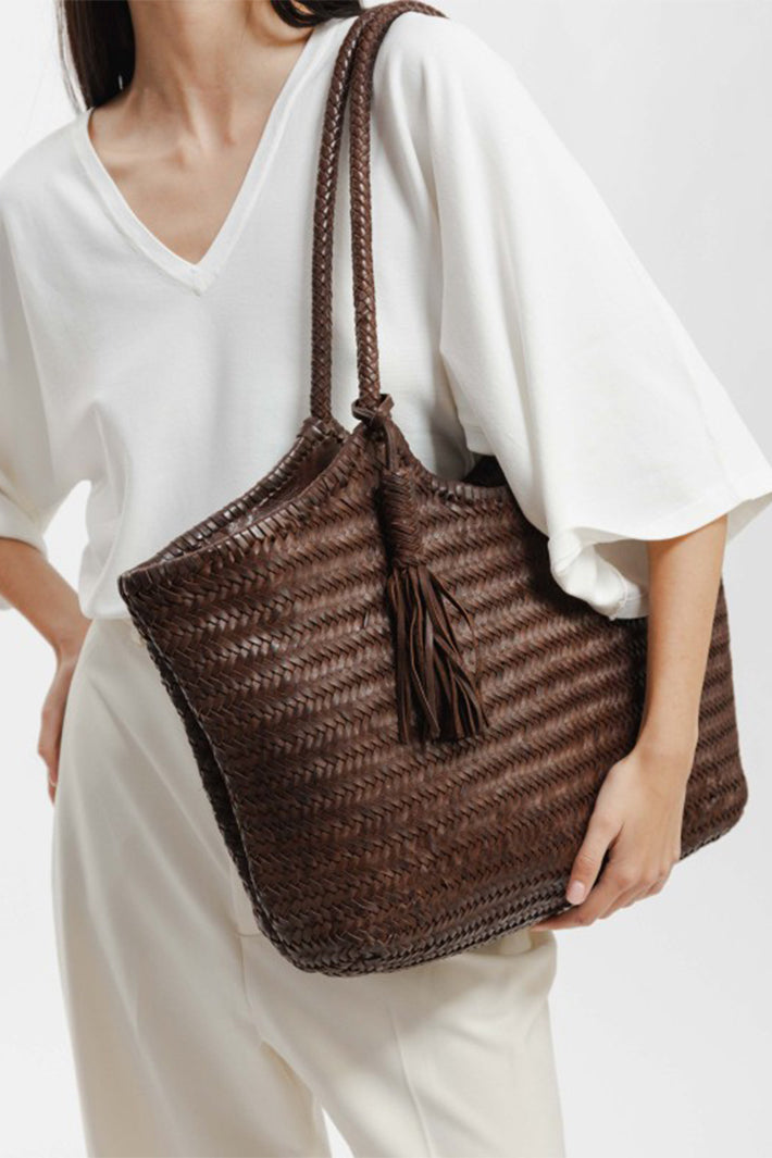 Biba Perkins Dark Brown Woven Leather Shoulder Bag PER9L, worn on the shoulder