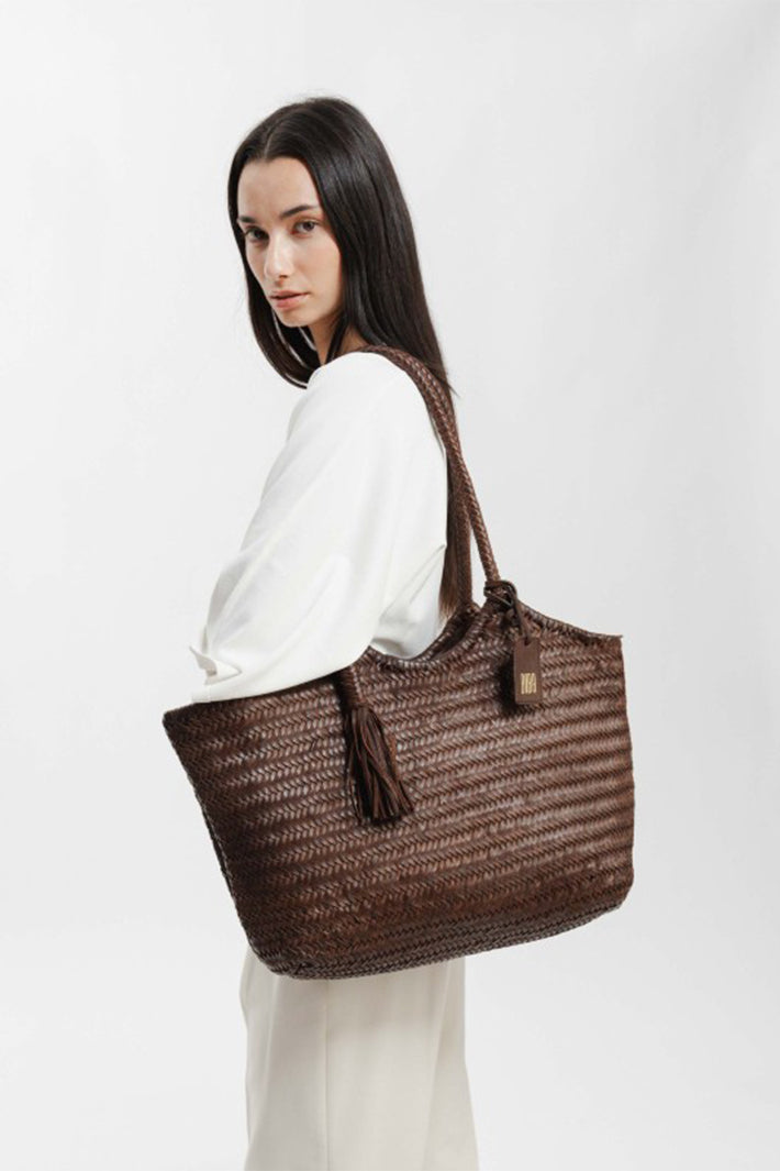 Biba Perkins Dark Brown Woven Leather Shoulder Bag PER9L, side on the shoulder