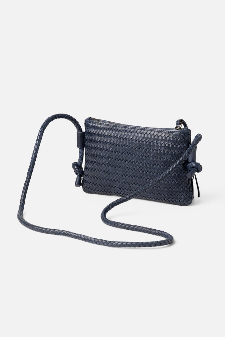 Biba Perkins Indigo Blue Woven Leather Cross Body Bag PER15L, three-quarter view