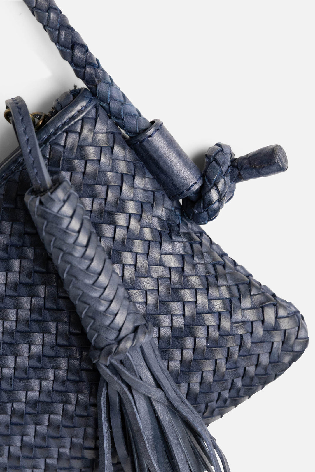 Biba Perkins Indigo Blue Woven Leather Cross Body Bag PER15L, knot and tassel detail