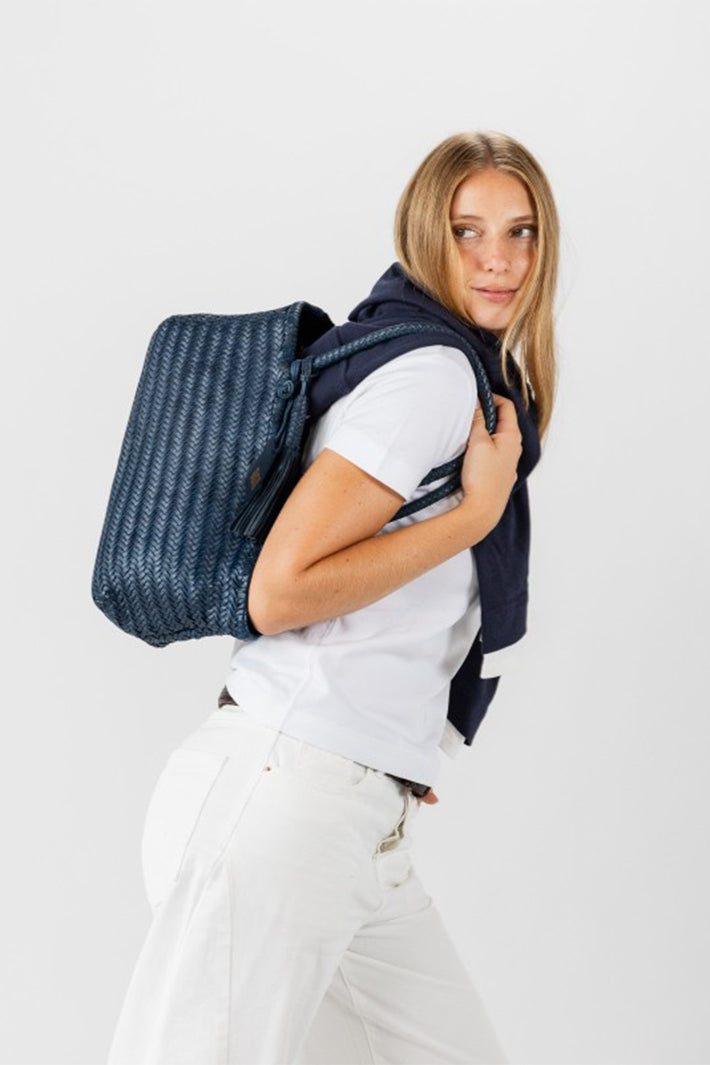 Biba Perkins Indigo Blue Woven Leather Shoulder Bag PER10L, worn on the shoulder