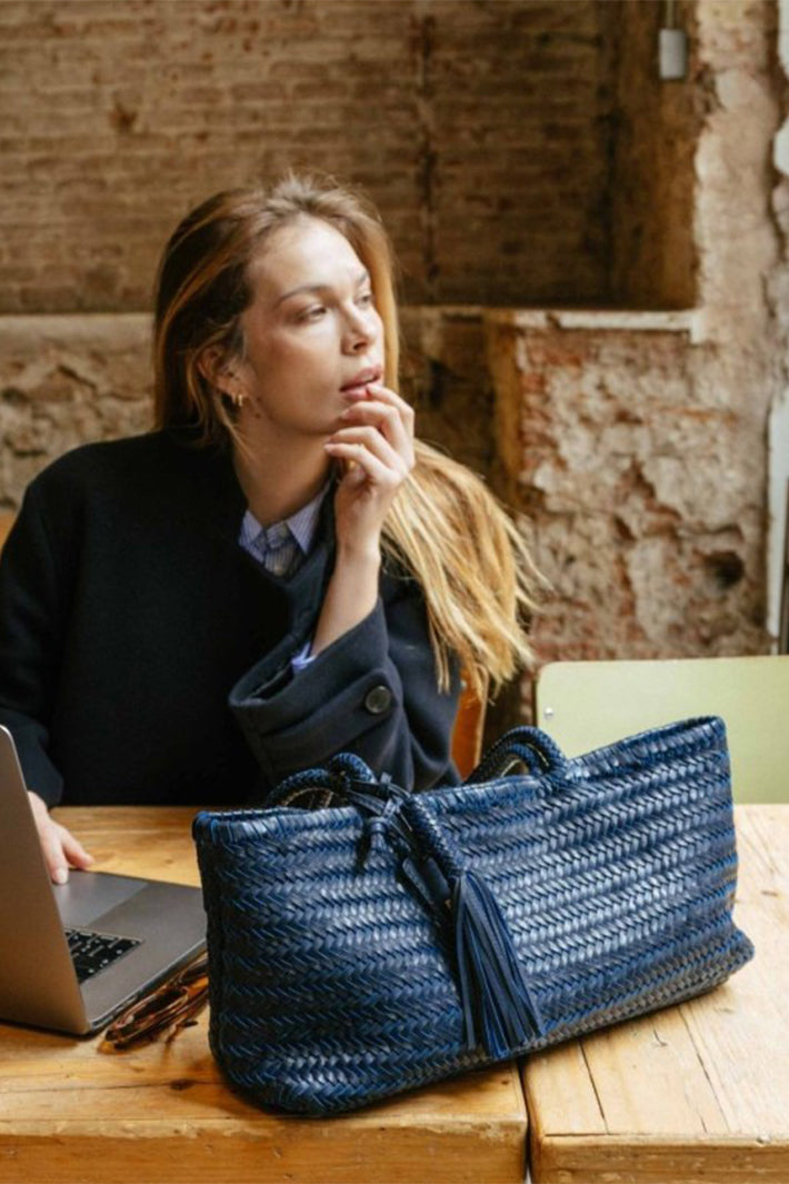 Biba Perkins Indigo Blue Woven Leather Shoulder Bag PER10L, styled lifestyle shot