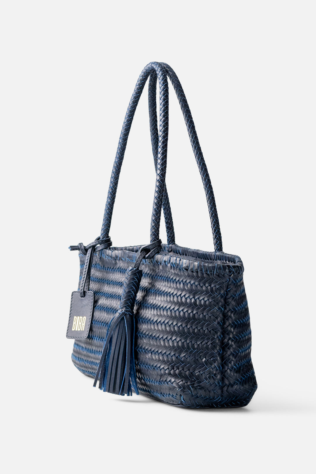 Biba Perkins Indigo Blue Woven Leather Shoulder Bag PER10L, three-quarter view