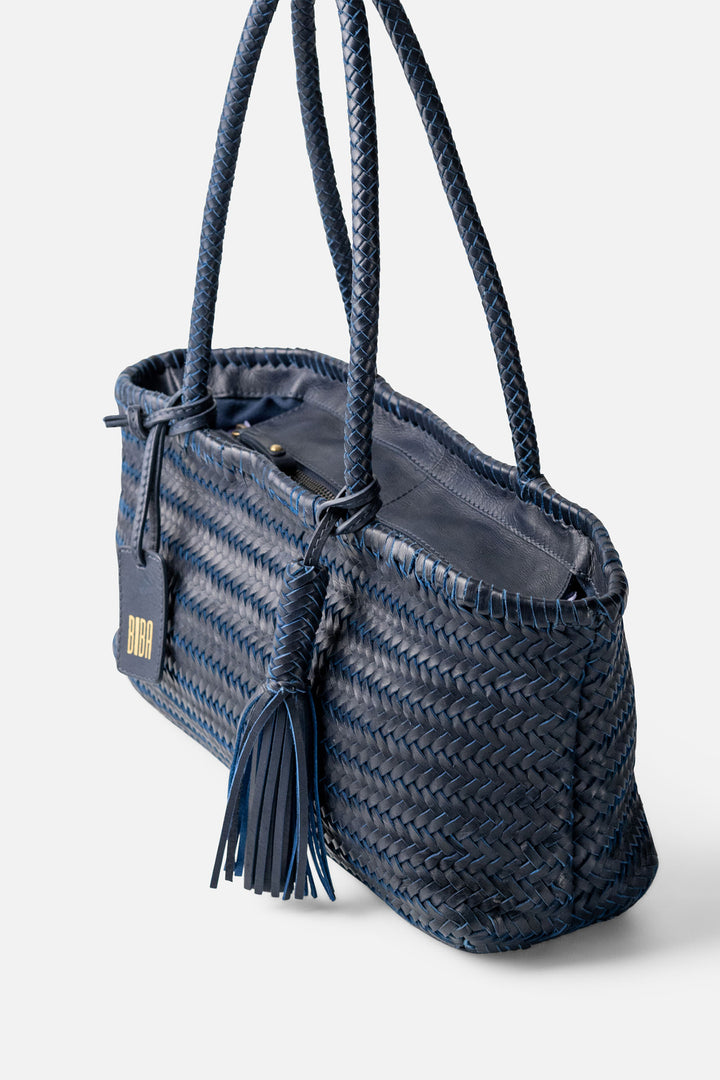 Biba Perkins Indigo Blue Woven Leather Shoulder Bag PER10L, tassel and weave detail