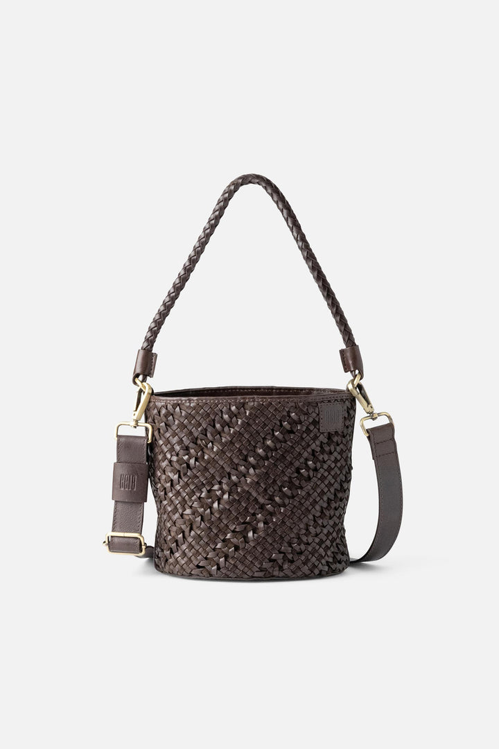 Biba Selma Dark Brown Woven Leather Bucket Shoulder Bag SEM1L, front view