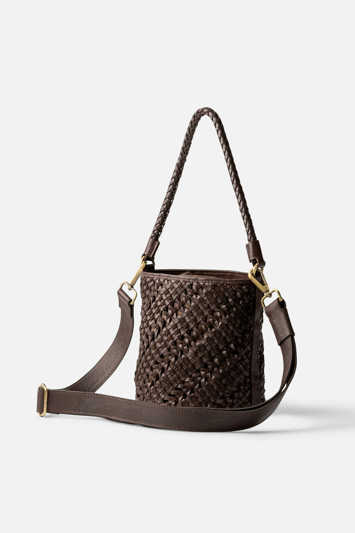 Biba Selma Dark Brown Woven Leather Bucket Shoulder Bag SEM1L, three-quarter view with crossbody strap