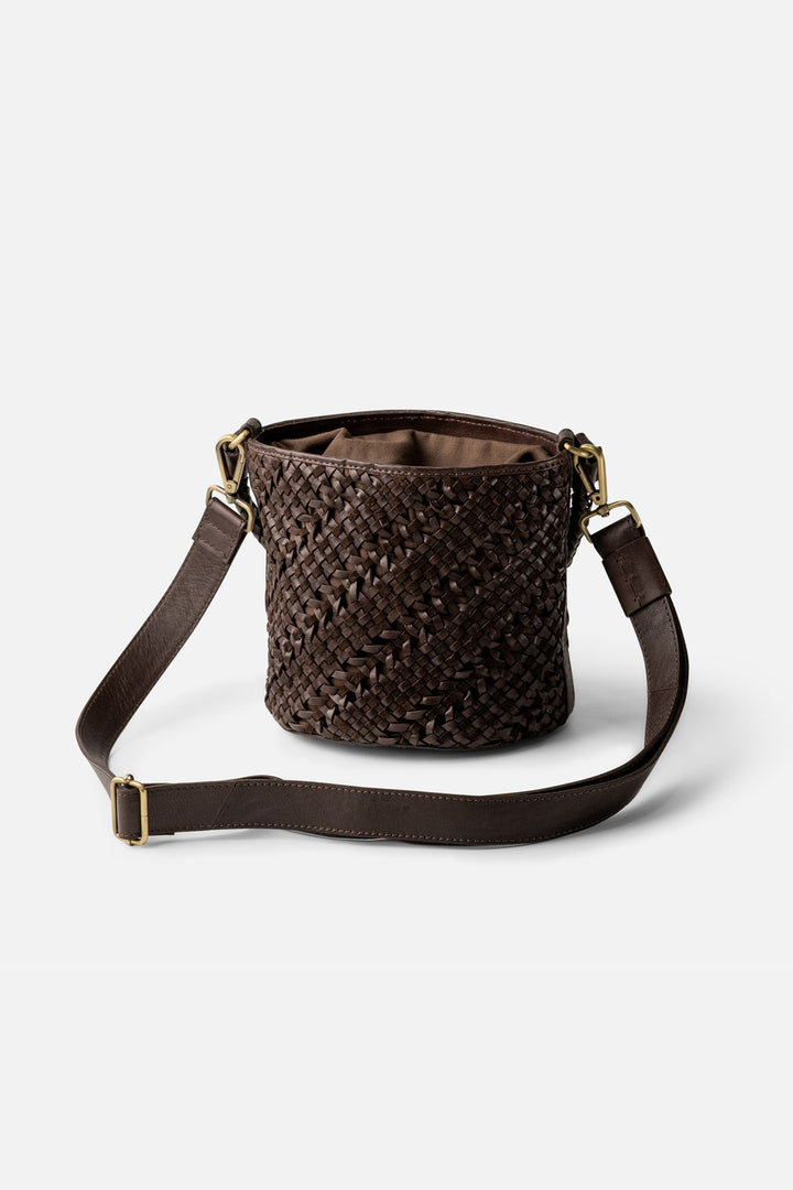 Biba Selma Dark Brown Woven Leather Bucket Shoulder Bag SEM1L, top view showing the open bucket