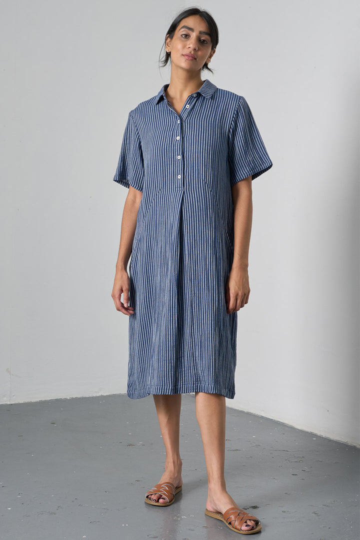 Bibico Alexa Dress Navy Textured Double Gauze Stripe BS26WD001