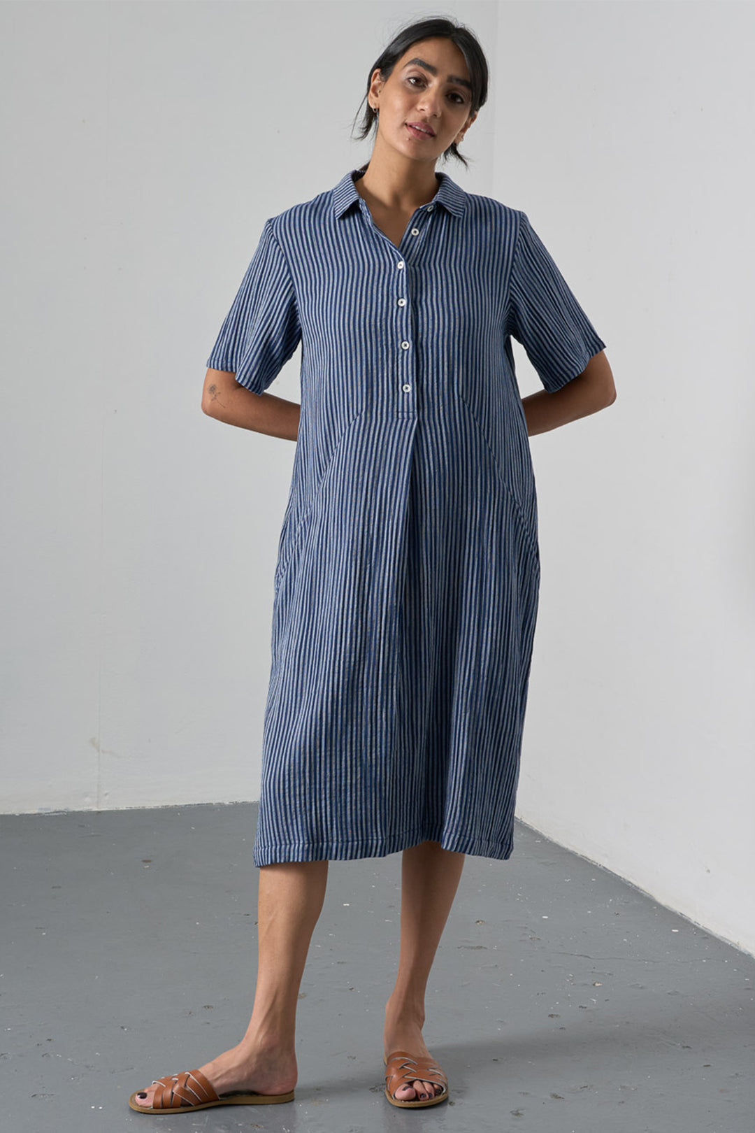 Bibico Alexa Dress Navy Textured Double Gauze Stripe BS26WD001